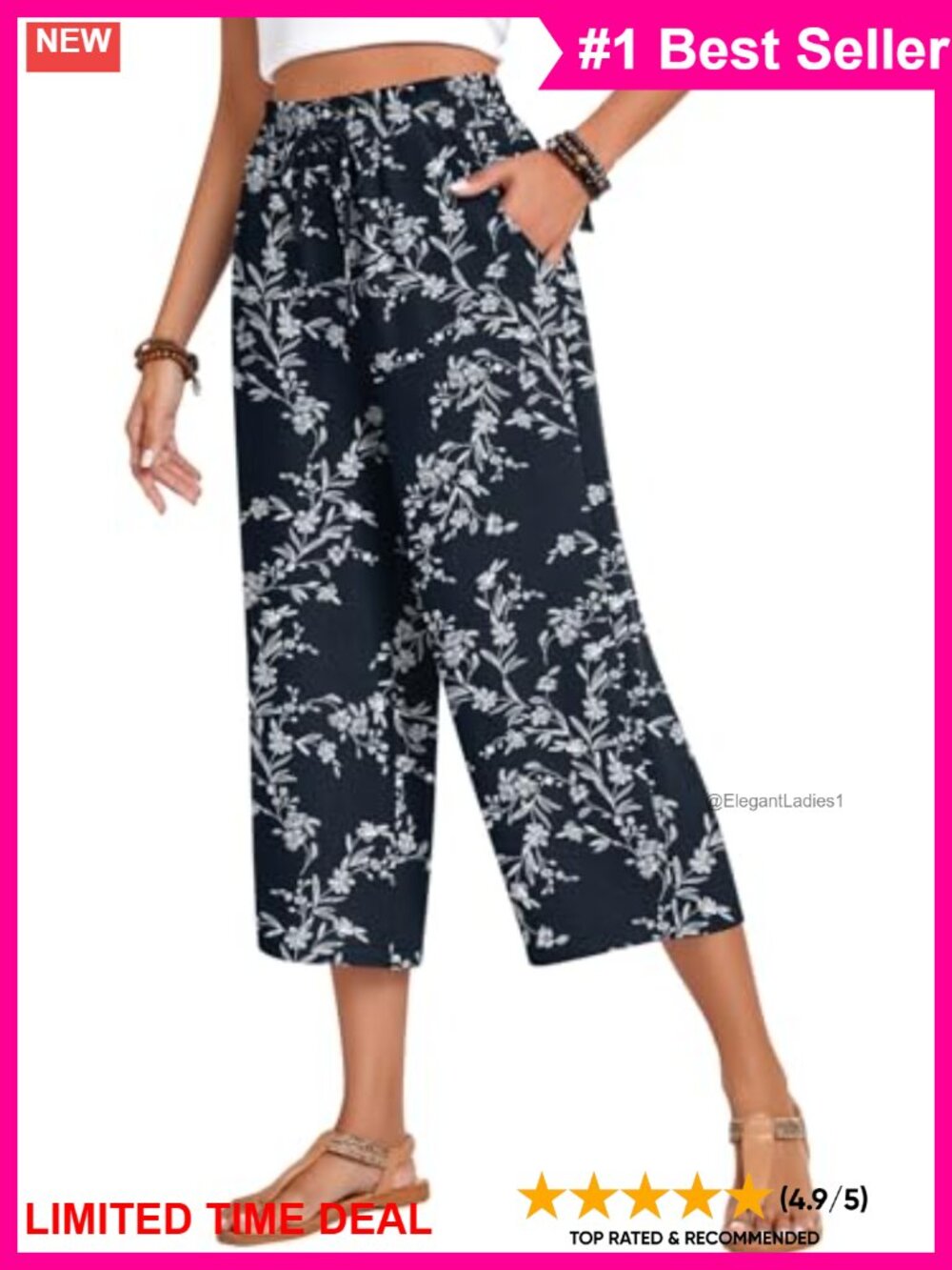 Women's Capri Pants High Waist Wide Leg Drawstring Casual Trousers with Pockets
